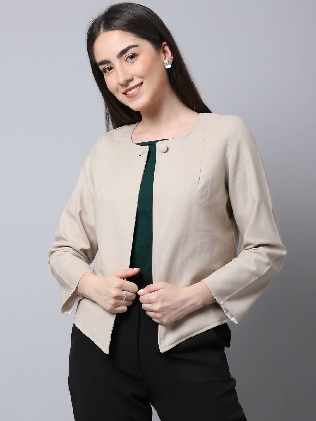 Even Apparels Cream Linen Cotton Open Front Statement Women's Jacket - Distacart