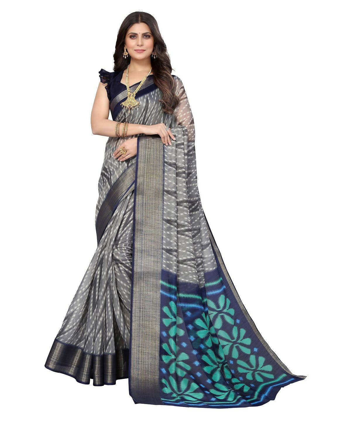 Vamika Cotton Grey Jari Border Bollywood Style Saree (DINO GREY) - Distacart