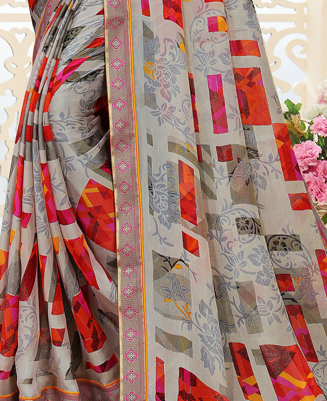 Grey Chiffon Brasso Printed Saree With Unstitched Blouse Piece - Jyoti - Distacart