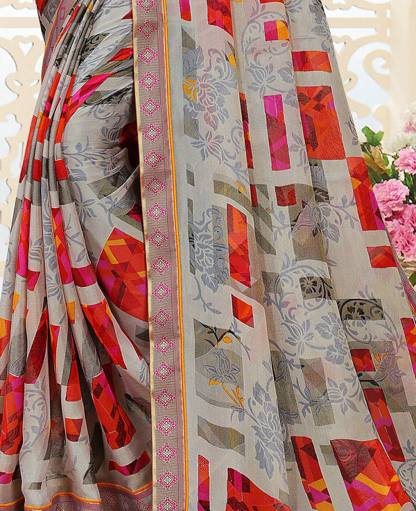 Grey Chiffon Brasso Printed Saree With Unstitched Blouse Piece - Jyoti - Distacart