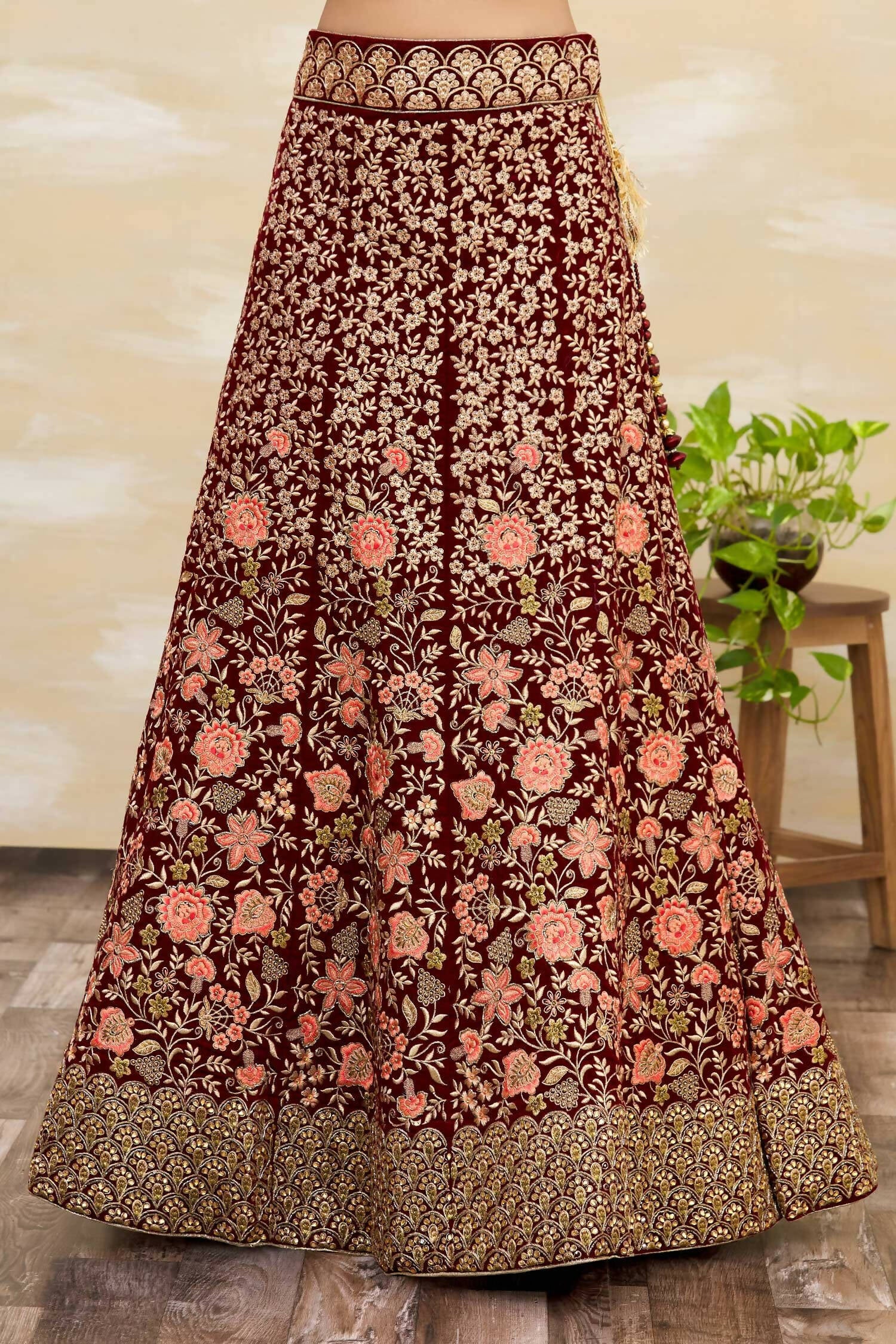 Maroon Velvet Semi-Stitched Wedding Bridal Lehenga - Nimaya - Distacart