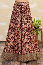 Thumbnail for Maroon Velvet Semi-Stitched Wedding Bridal Lehenga - Nimaya - Distacart