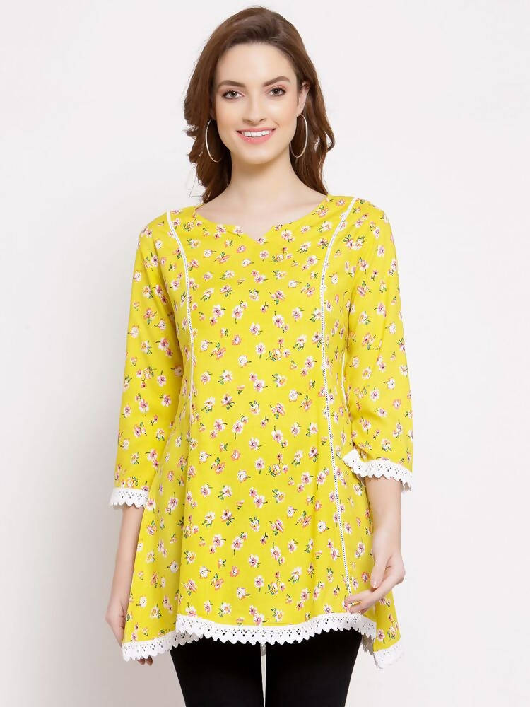 Myshka Women's Yellow Cotton 3/4 Sleeve Round Neck Printed Casual Tunic