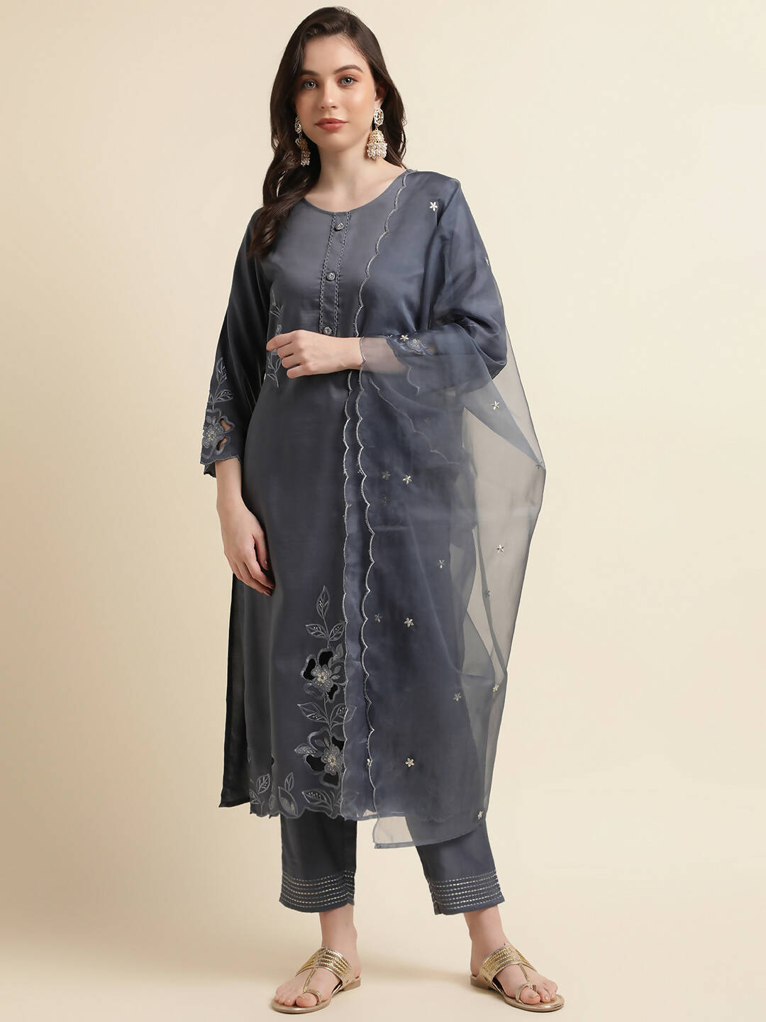 Grey Chinon Silk Embroidered Straight Kurta with Trouser & Dupatta - Salimar - Distacart