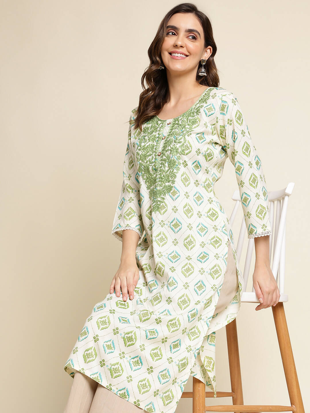 Green Poly Rayon Aztec Printed Straight Fit Kurta - Prasuti - Distacart