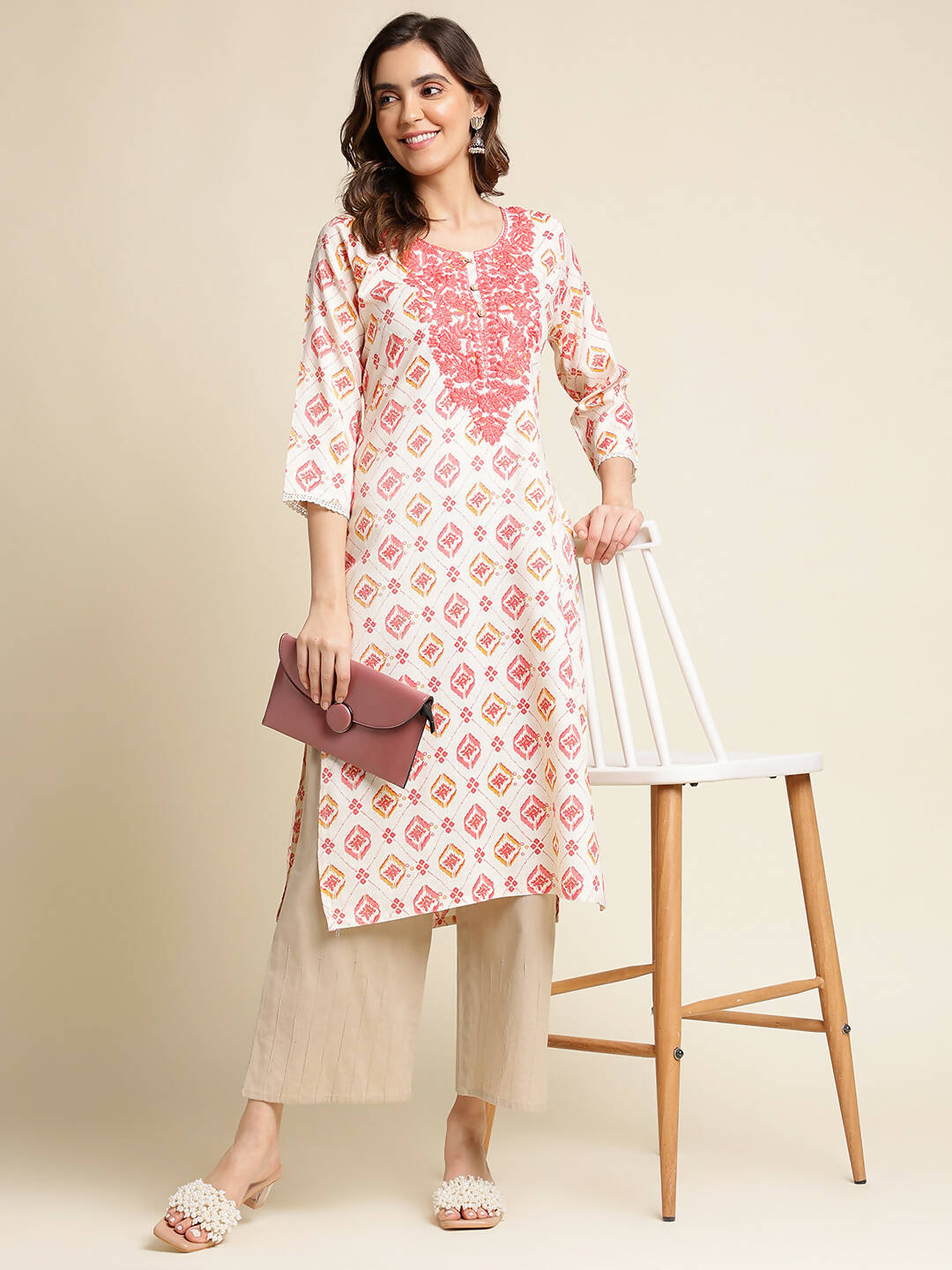 Red Poly Rayon Aztec Printed Straight Fit Kurta - Prasuti - Distacart