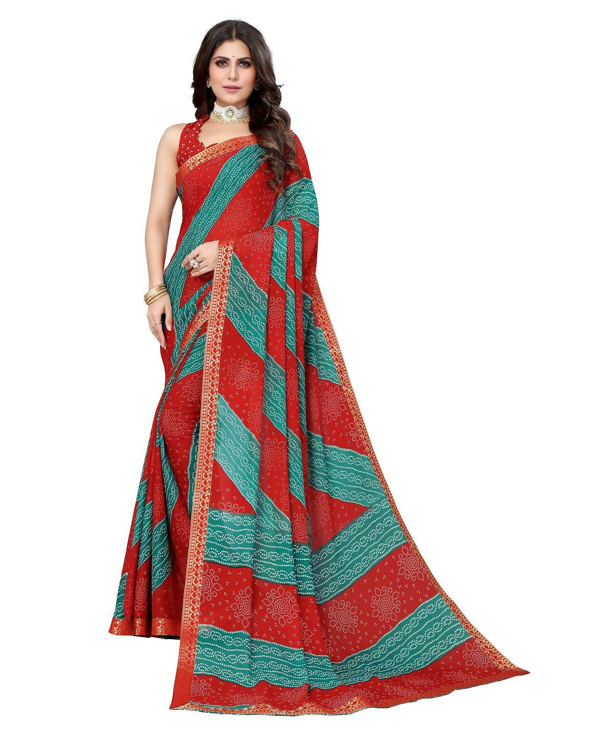 Vamika Red Georgette Printed With Lace Saree (MANYA RED RAMA) - Distacart