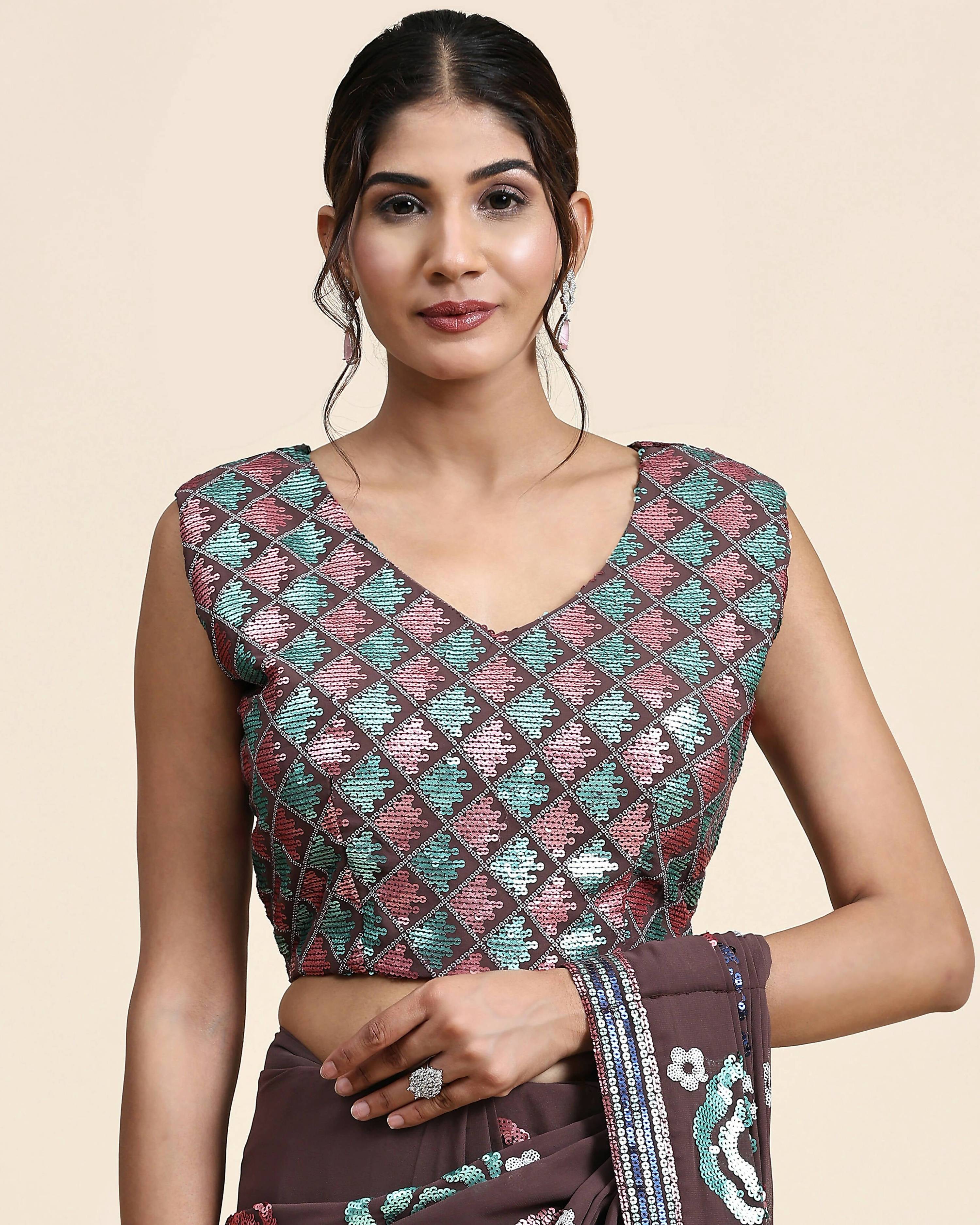 Brown Pure Georgette Sequence work Ready to wear Saree with stitched Blouse - Nirvana - Distacart