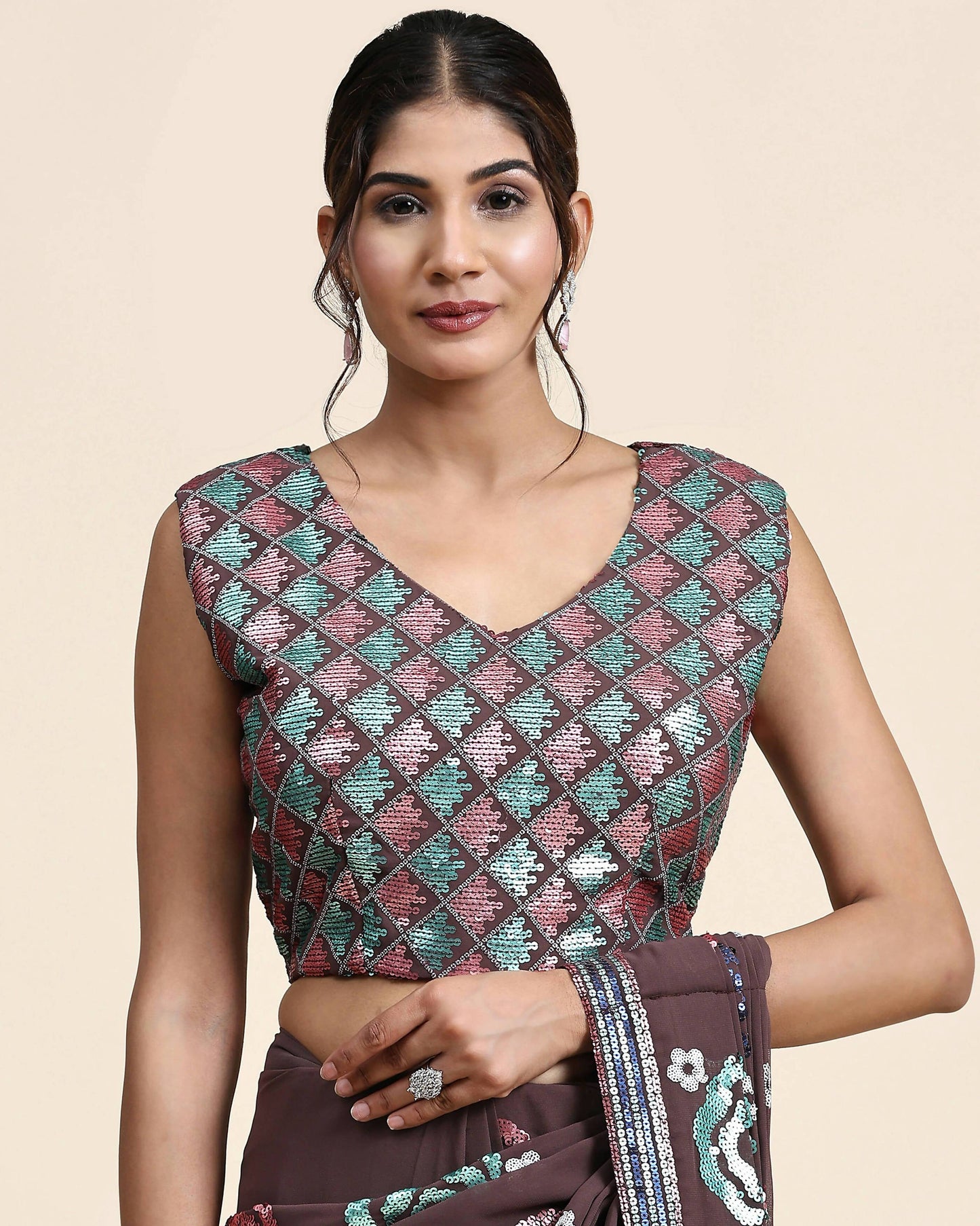 Brown Pure Georgette Sequence work Ready to wear Saree with stitched Blouse - Nirvana - Distacart