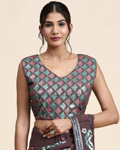 Brown Pure Georgette Sequence work Ready to wear Saree with stitched Blouse - Nirvana - Distacart