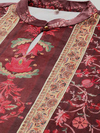 Thumbnail for Ahalyaa Women Burgundy & Golden Floral Printed Gotta Patti Floral Velvet Kurta - Distacart