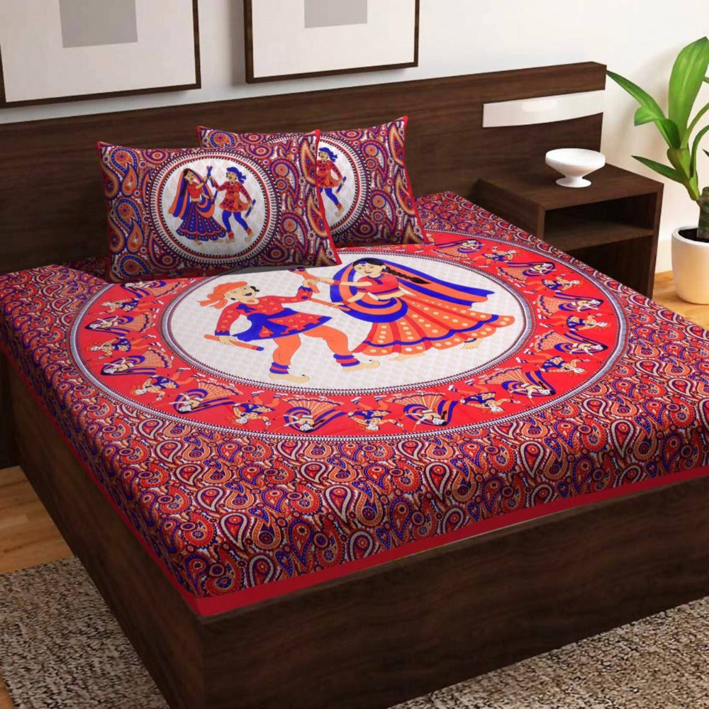 Vamika Printed Cotton Daandiya Red Bedsheet With Pillow Covers 