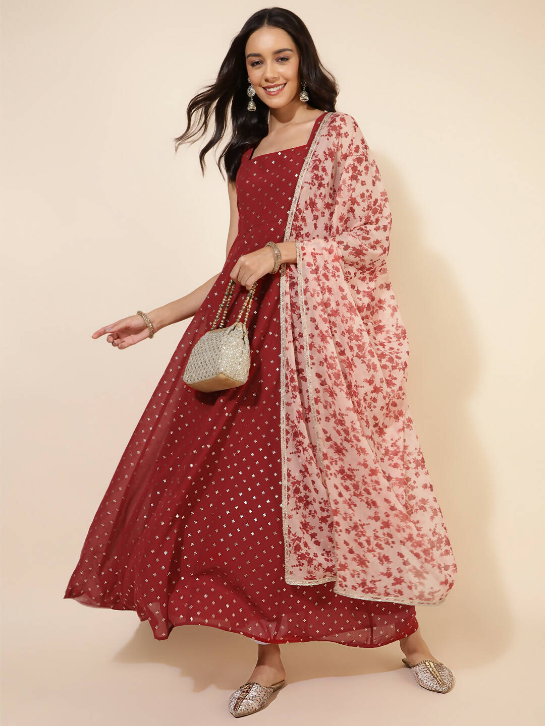 Janasya Women's Red Georgette Foil Printed Festive Anarkali Kurta Set - Distacart