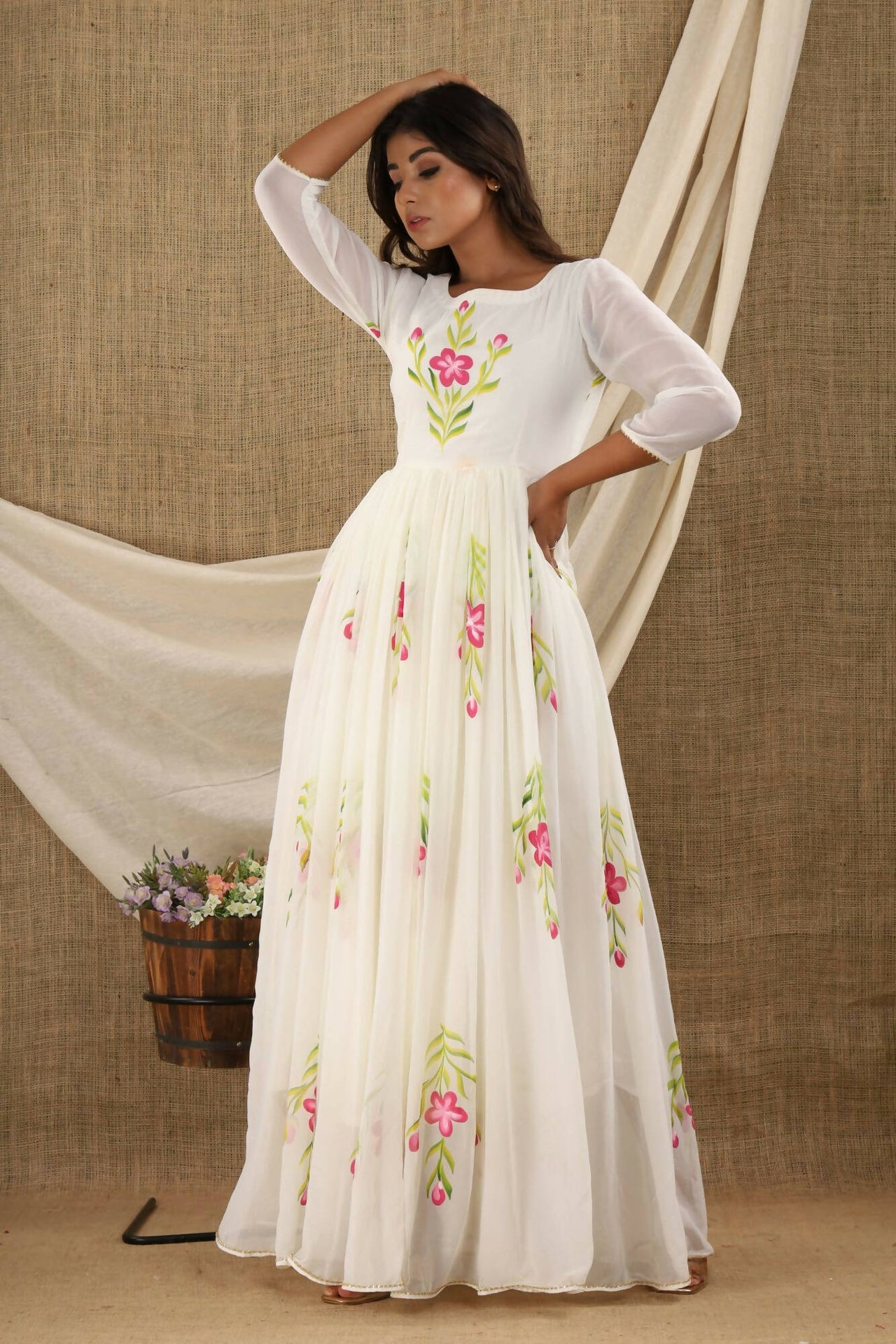 Women's White Hand Painted Gown Dress - Isya - Distacart