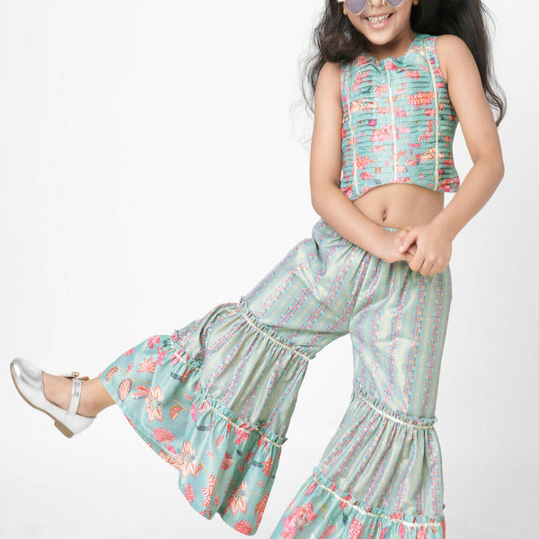Lil Drama Golden Weaves Blue Crop Top With Palazzo Co-Ordinate Set - Distacart