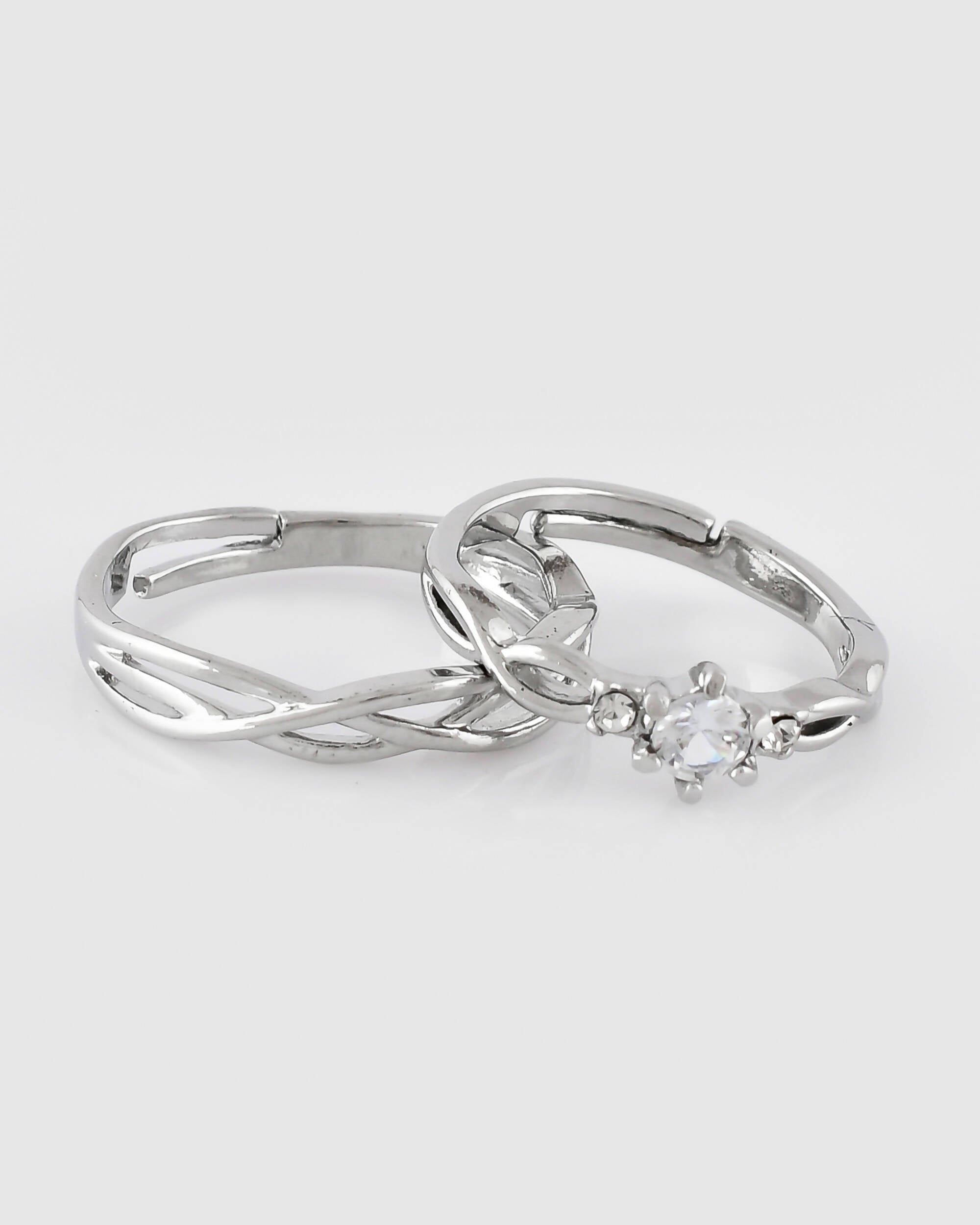 VOJ Stainless Steel Cubic Zirconia Silver Plated Adjustable Ring Set for Couple - Distacart