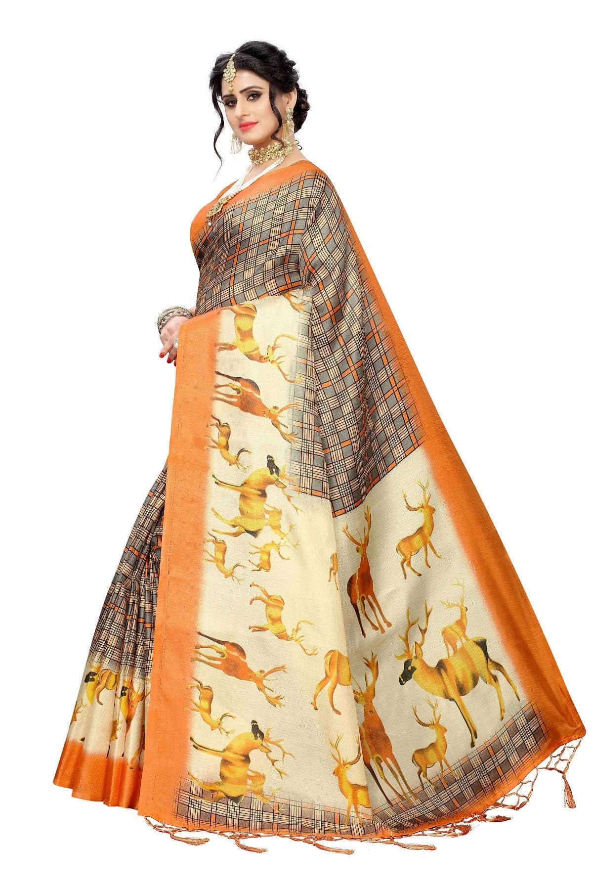 Vamika Multicolor Orange Kalamkari With Jhalar Khadi Silk Saree