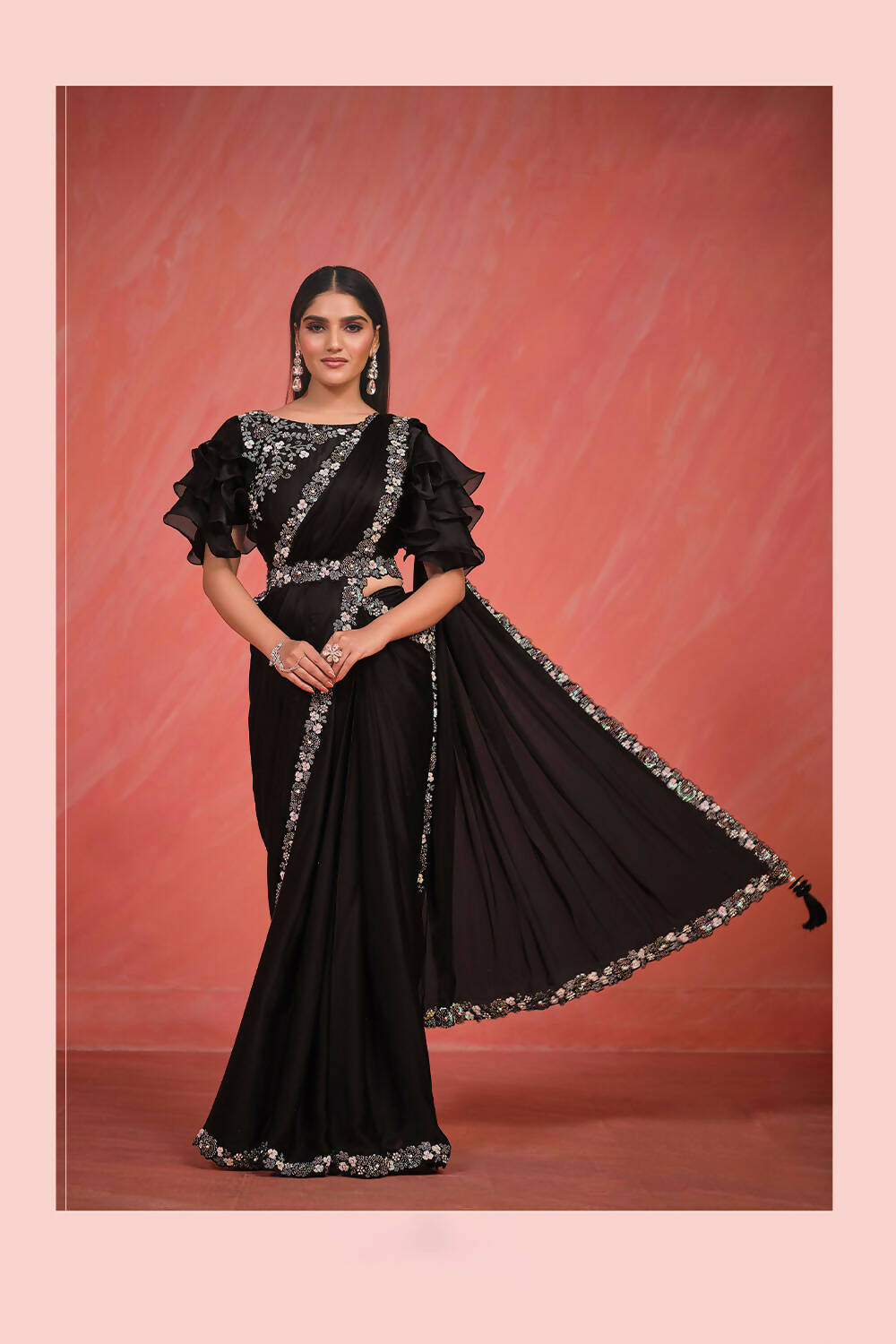 Black Crepe Silk Satin Cord & Sequence Embroidery with Stone & Moti Work Saree With Stitched Blouse - Mohmanthan Elegancia - Distacart
