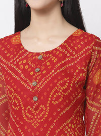 Thumbnail for Myshka Women Red Georgette Printed 3/4 Sleeve Round Neck Kurta Pant Dupatta Set