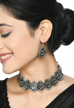 Thumbnail for Mominos Fashion Johar Kamal Oxidised Silver-Plated Brass Finish Choker For Women - Distacart