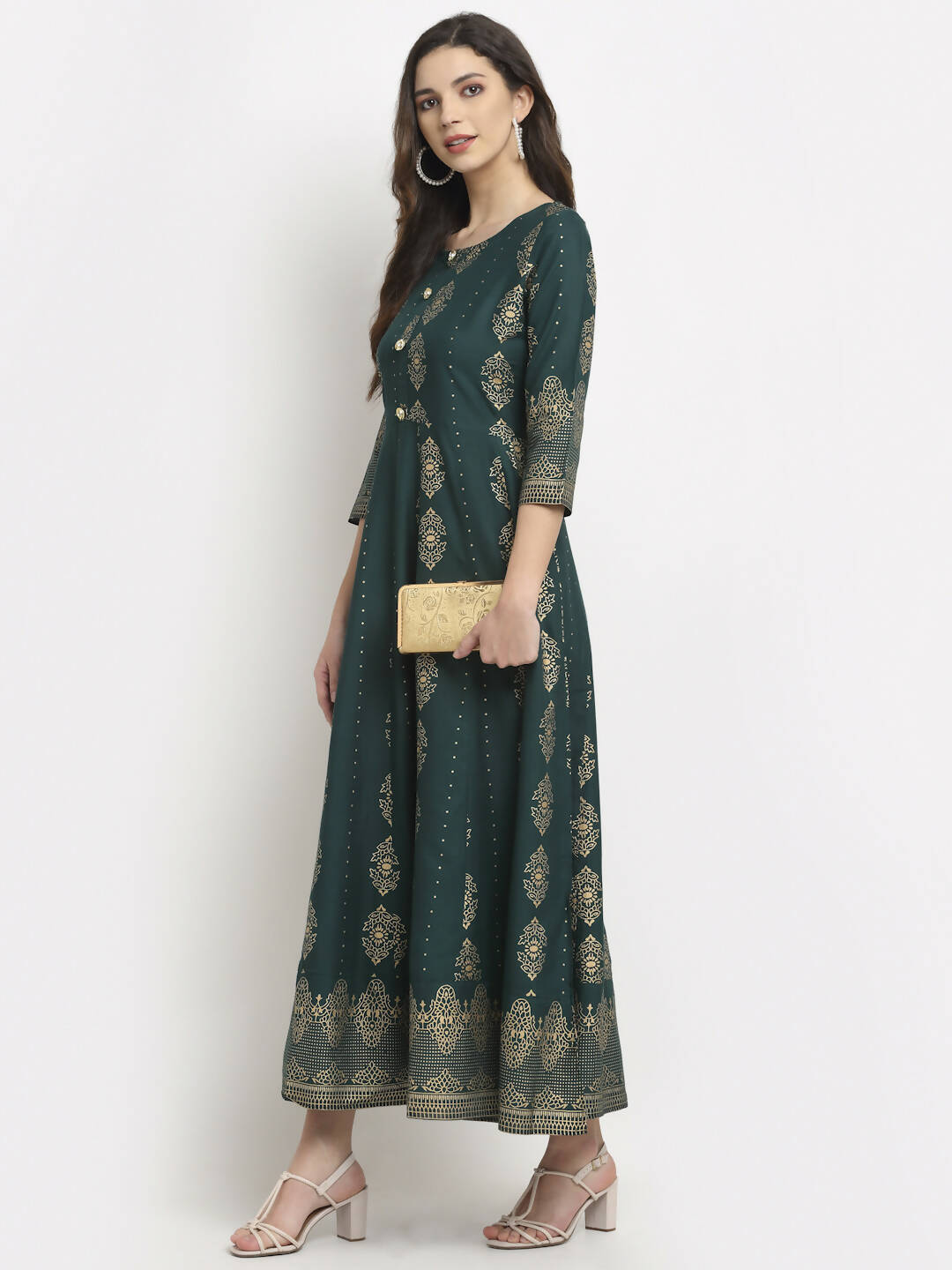 Rudra Bazaar Gold Printed Flared Anarkali kurti - Distacart