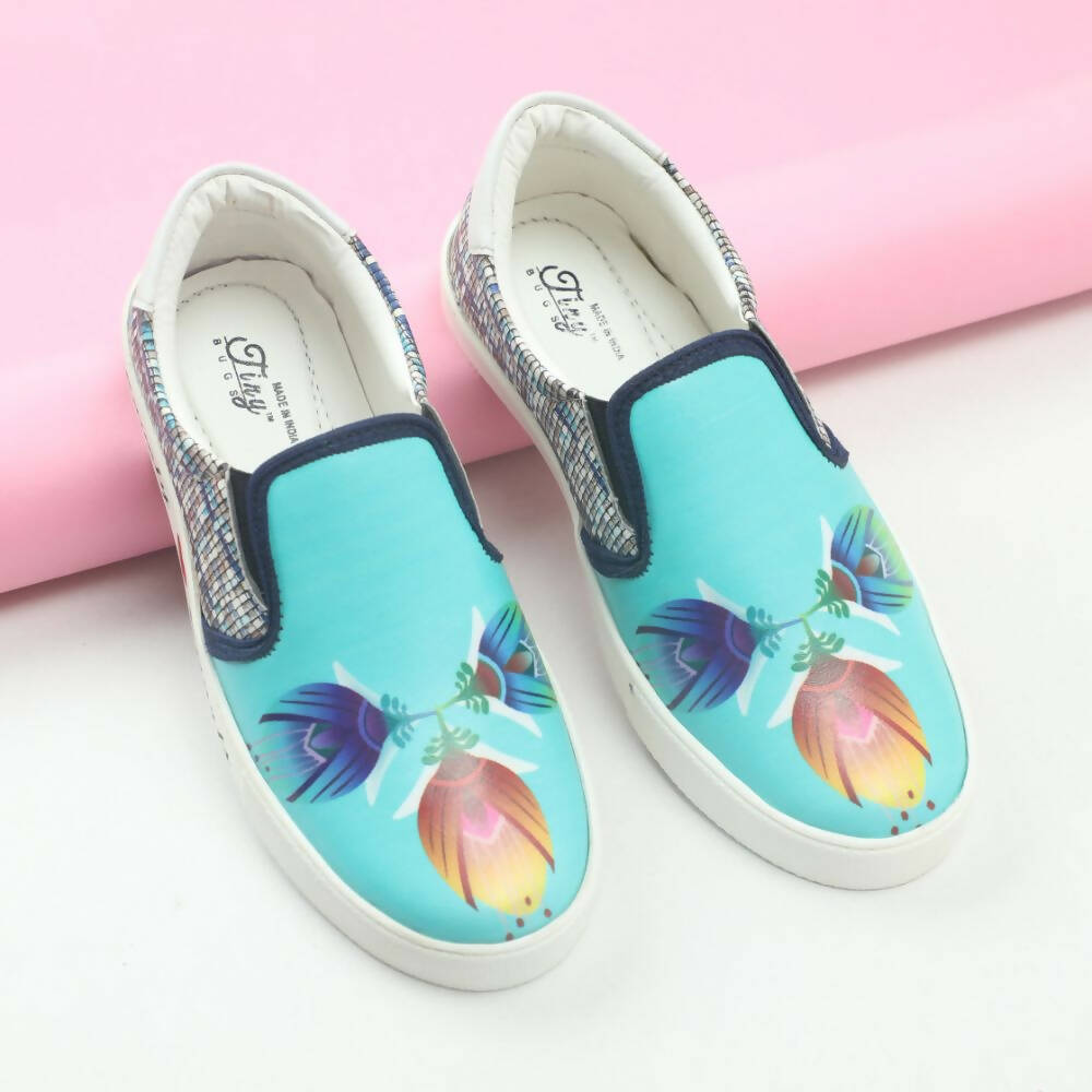 Tiny Bugs Girls Flower Printed Slip Ons Sneakers - Sky Blue - Distacart