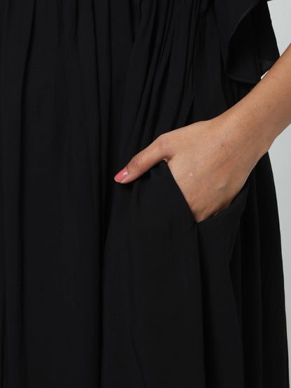 Manet Maternity Frill Slevee Solid Dress With Concealed Zipper Nursing Access - Black - Distacart