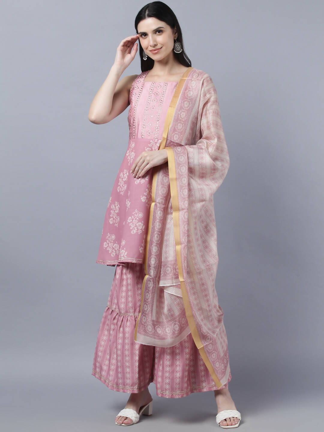 Myshka Women Peach-Coloured White Floral Printed Kurta with Sharara With Dupatta Set - Distacart