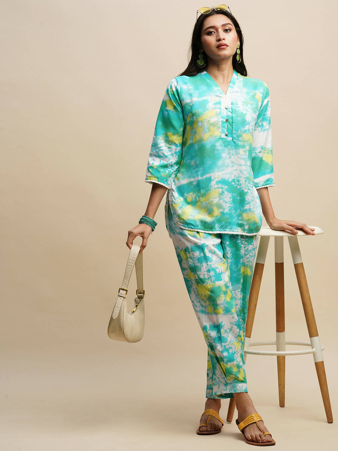 Sky Blue Poly Rayon Tie and dye Printed Top with Matching Trouser - Shivani - Distacart