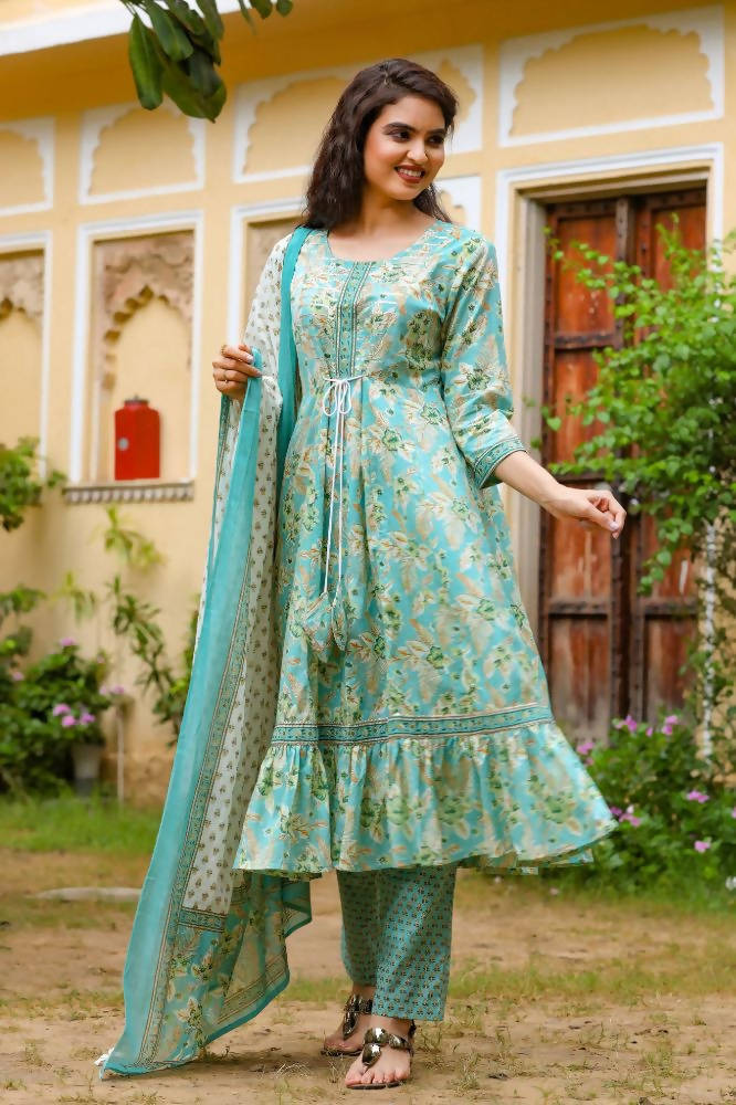 Yufta Blue Printed Tiered Kurta with Trouser and Dupatta