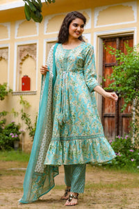 Thumbnail for Yufta Blue Printed Tiered Kurta with Trouser and Dupatta