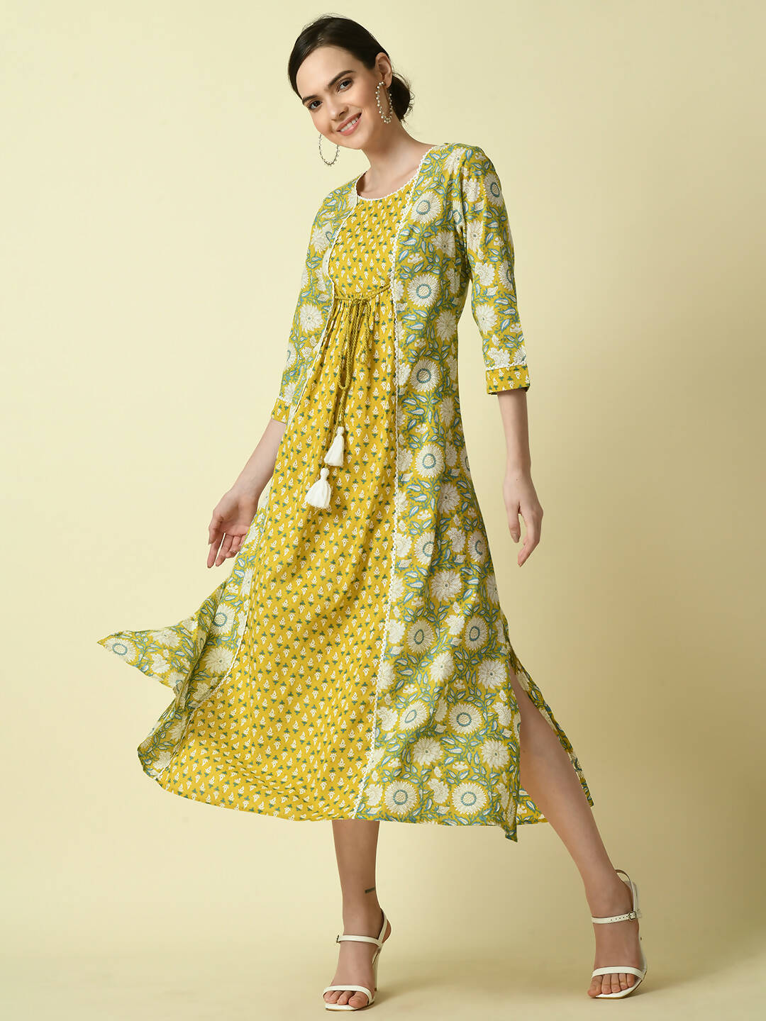 Myshka Women's Yellow Floral Printed Gown Dress - Distacart