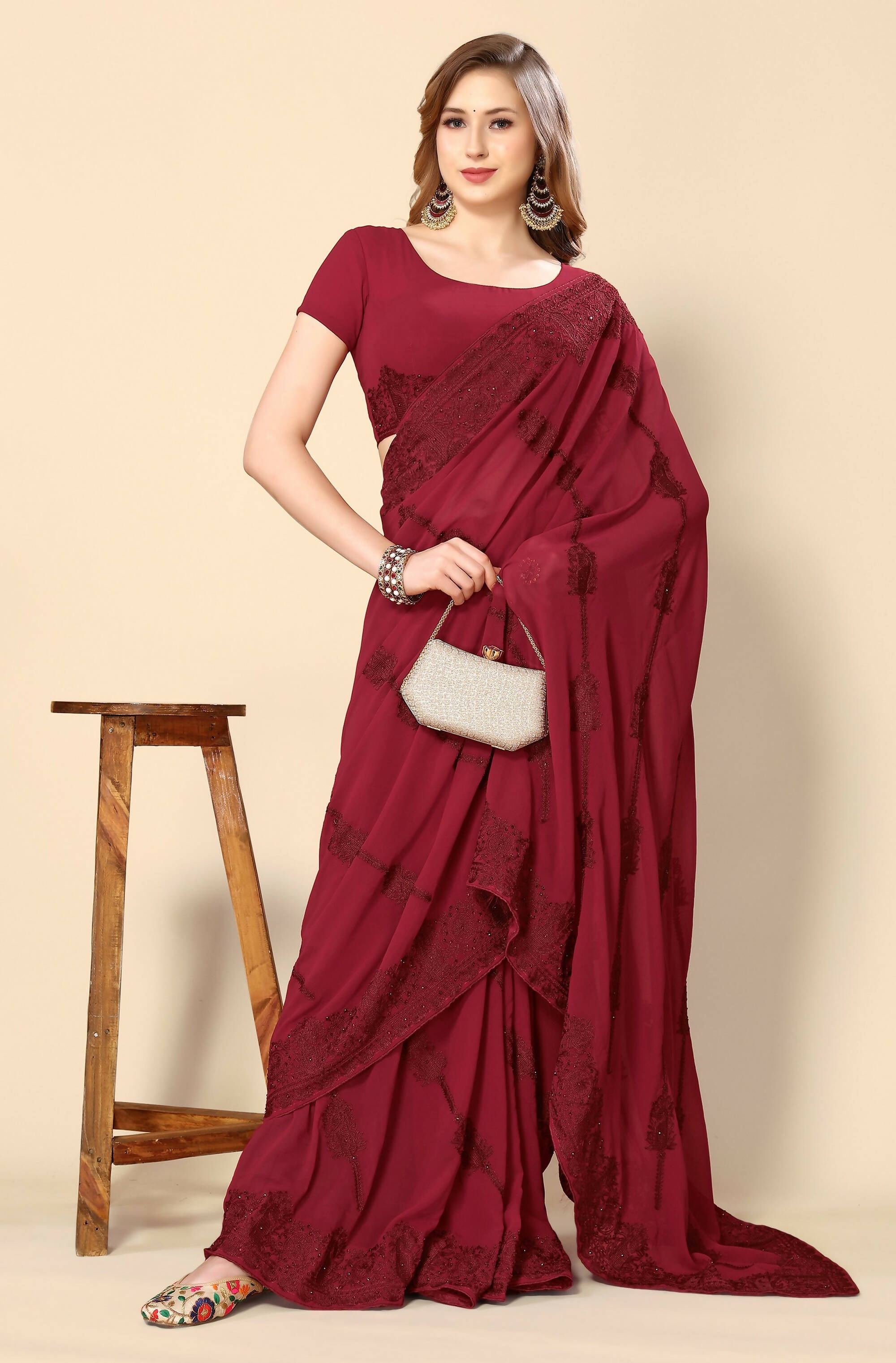 Maroon Georgette Embroidered and Stone Work Saree with Unstitched Blouse Piece - Roozal - Distacart