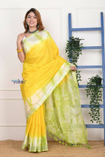 Thumbnail for Very Much Indian Handmade Tie And Dye Cotton Saree By Women Weavers - Lime Yellow - Distacart