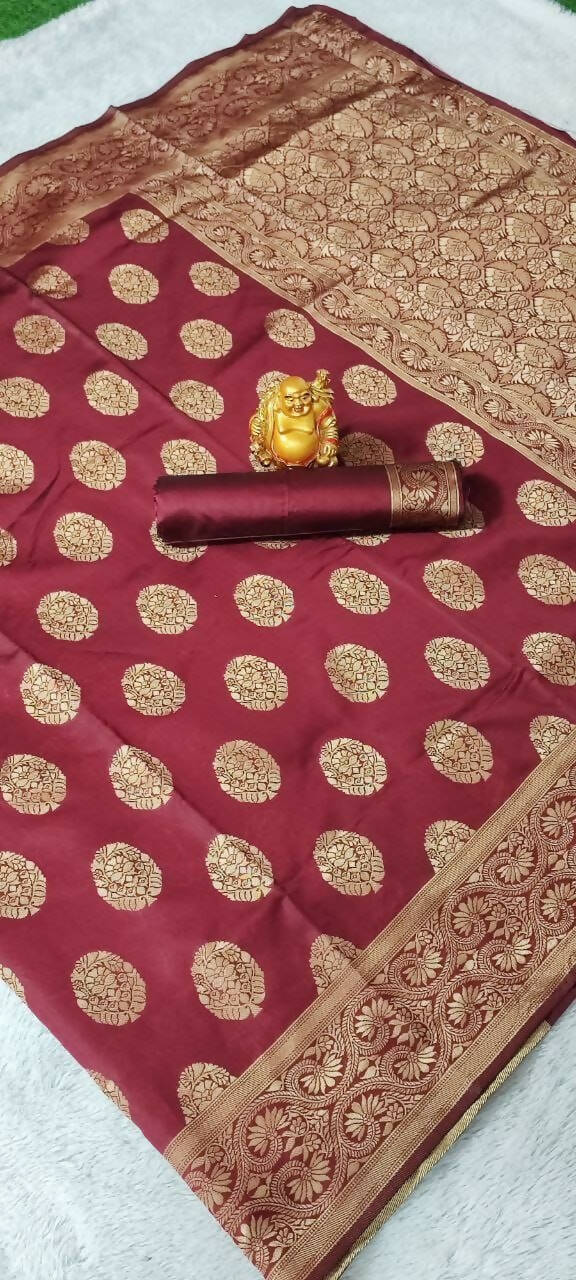 DEIANA'S Beautiful Golden Jari with New Design Soft Lichi Silk Saree - Maroon - Distacart