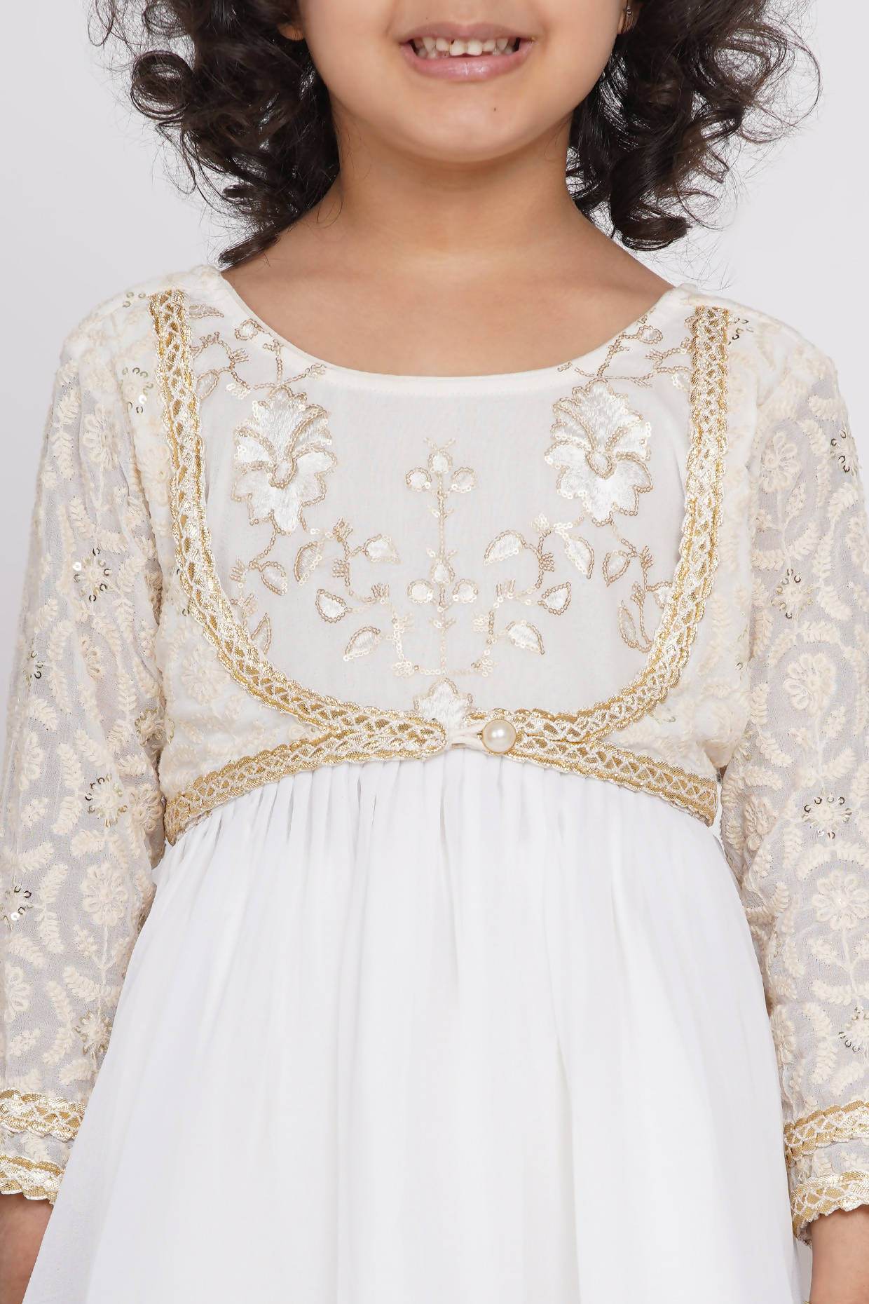 Little Bansi Cotton Floral Embroidery Frock Kurta with Sharara & Dupatta - White - Distacart