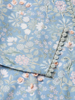Thumbnail for Blue Linen Floral Printed Straight Fit Kurta - Prasuti - Distacart