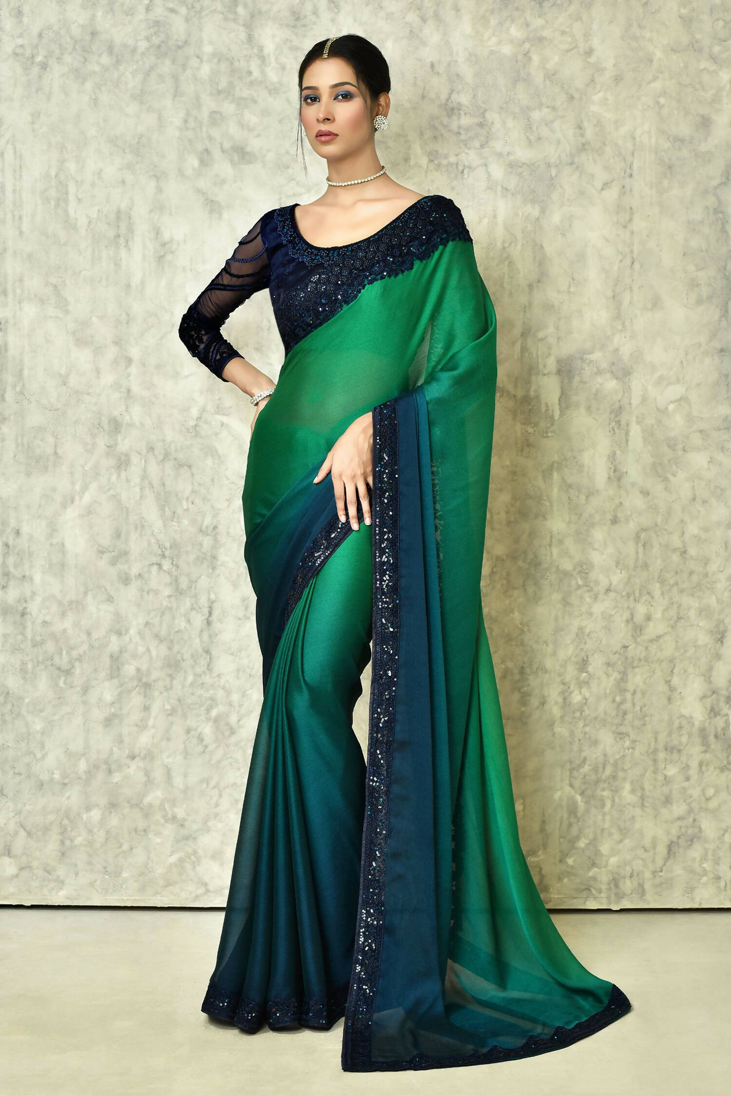Green & Blue Silk Plain Saree with Blouse Piece - Purvi - Distacart