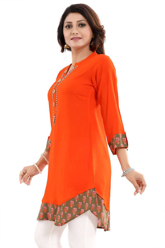 Snehal Creations Rayon Designer Embroidery Orange Tunic