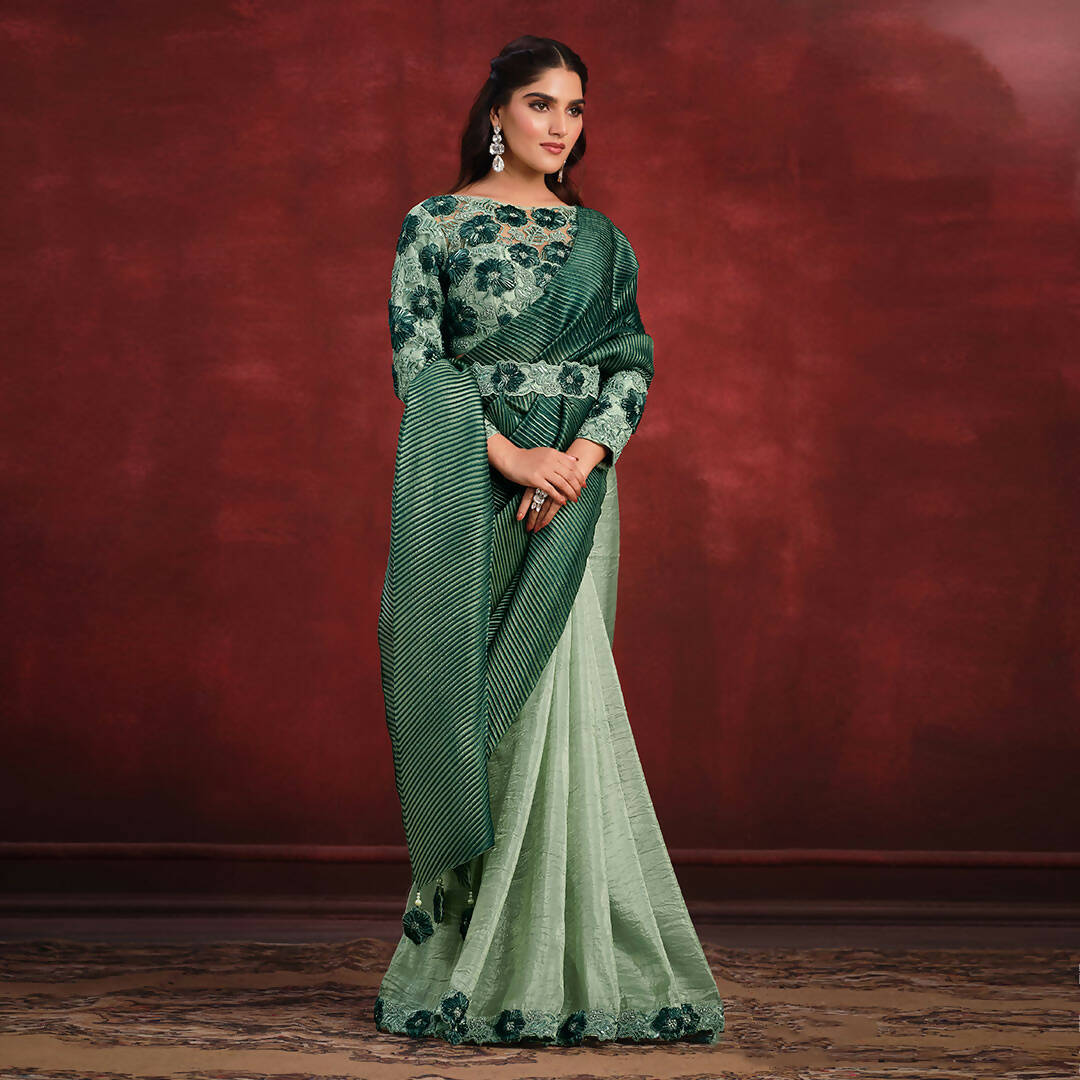 Sea Green Banarasi Crush Silk Sequence Thread & Stone Work/ Texture Pallu Saree - Mohmanthan Kimiya - Distacart