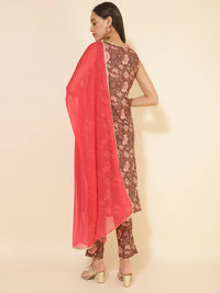 Thumbnail for Janasya Women's Brown Crepe Digital Floral Printed Festive Straight Kurta Set - Distacart