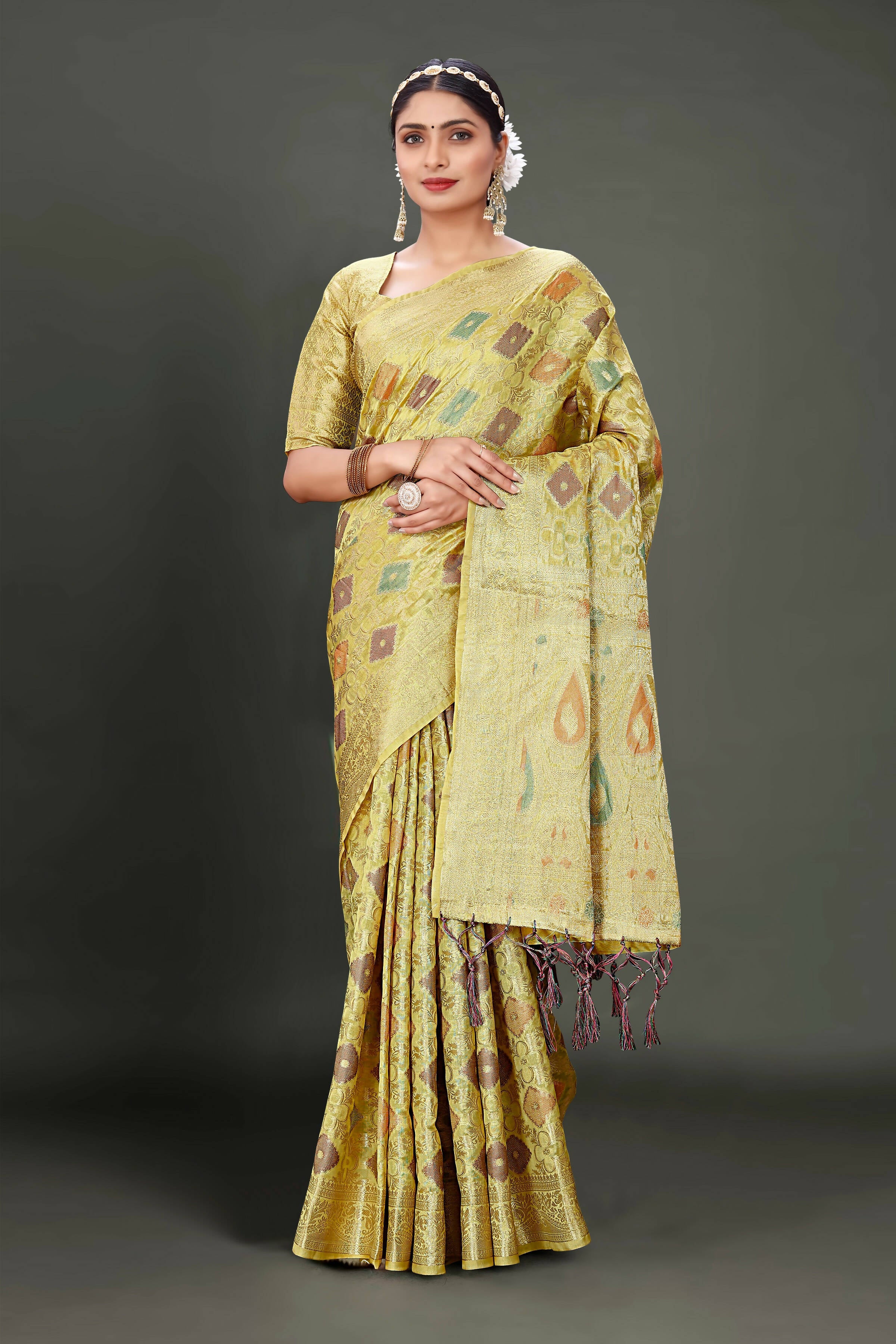 Olive Soft Organza Woven Design Saree With Unstitched Blouse Piece - Zaara - Distacart