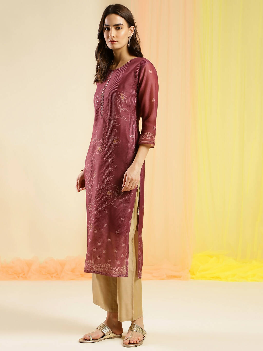 Maroon Chinon Digital Printed With Hand Work Kurta - Himanshi - Distacart