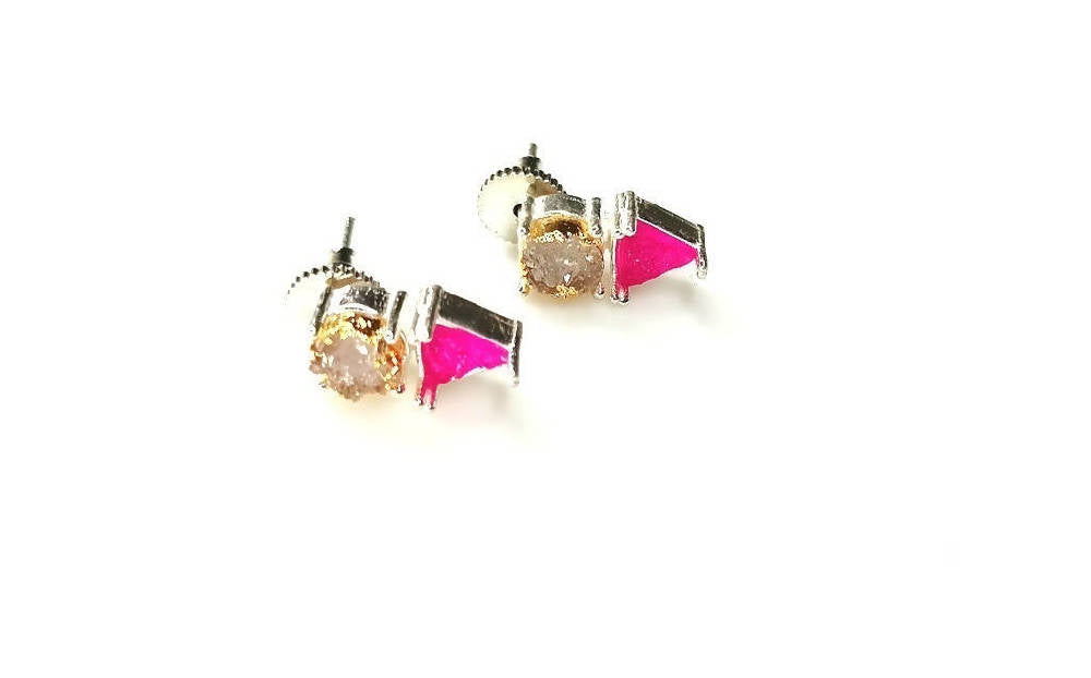 Bling Accessories Pink Druzy Natural Stone 92.5 Sterling Silver Earrings
