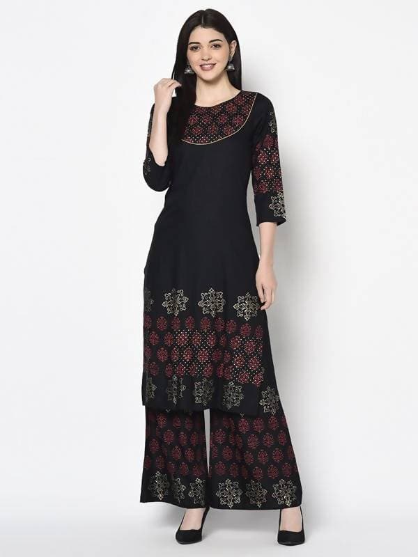 Aniyah Rayon Black Color Block Print Straight Kurta Palazzo Set (AN-189K)