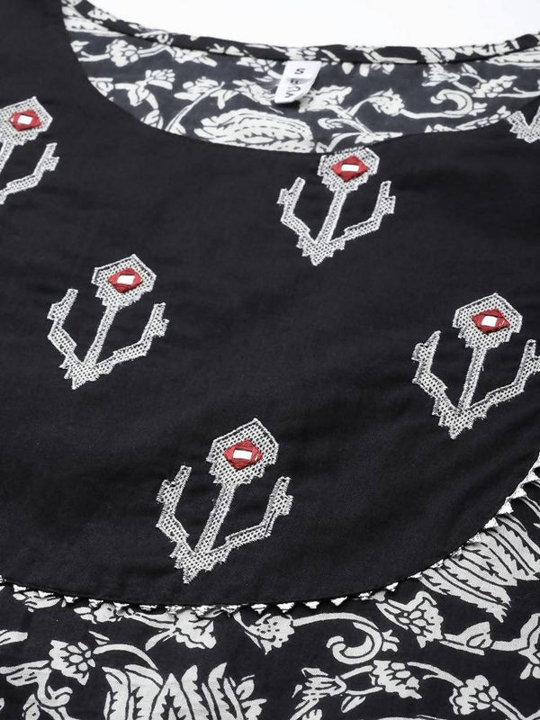 Yufta Black & Off-White Ethnic Screen Print Cotton Straight Kurta Palazzo & Dupatta