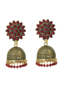 Thumbnail for Mominos Fashion Joharkamal Kundan work Jhumka with Maroon Beads - Distacart
