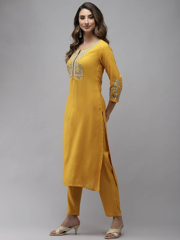 Yufta Women Yellow Floral Embroidered Regular Kurta with Palazzo & With Dupatta