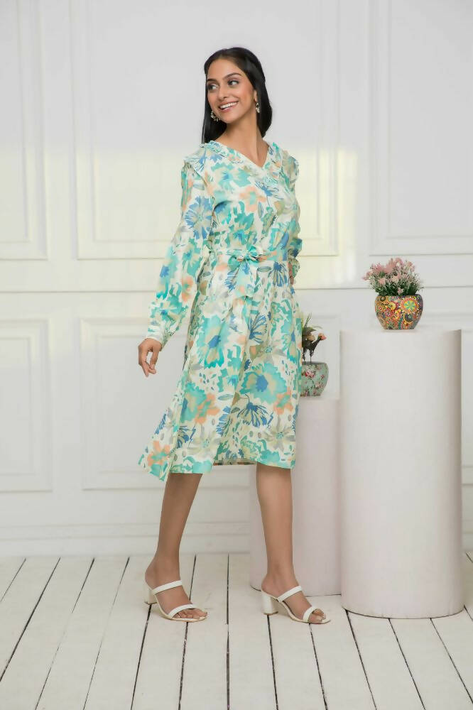 Myshka Women Multi Abstract Rayon A-Line V-Neck Dress - Distacart