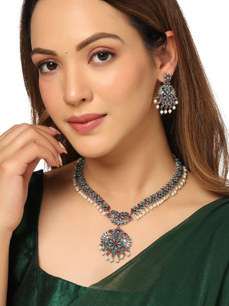 NVR Women Stone Studded Oxidised Silver Jewellery Set - Distacart